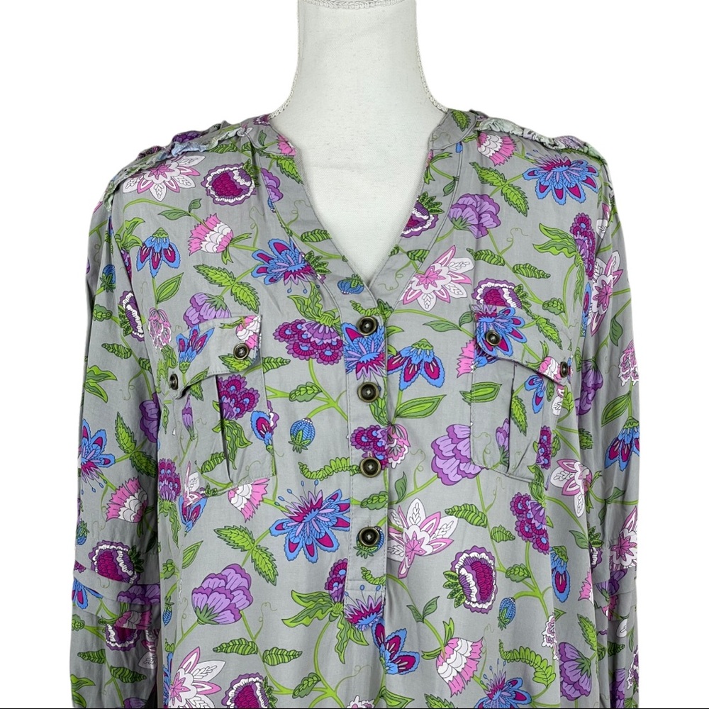Matilda Jane Thinking Out Loud Top Grey Purple Blue Grey Floral Print Henley - Picture 3 of 11